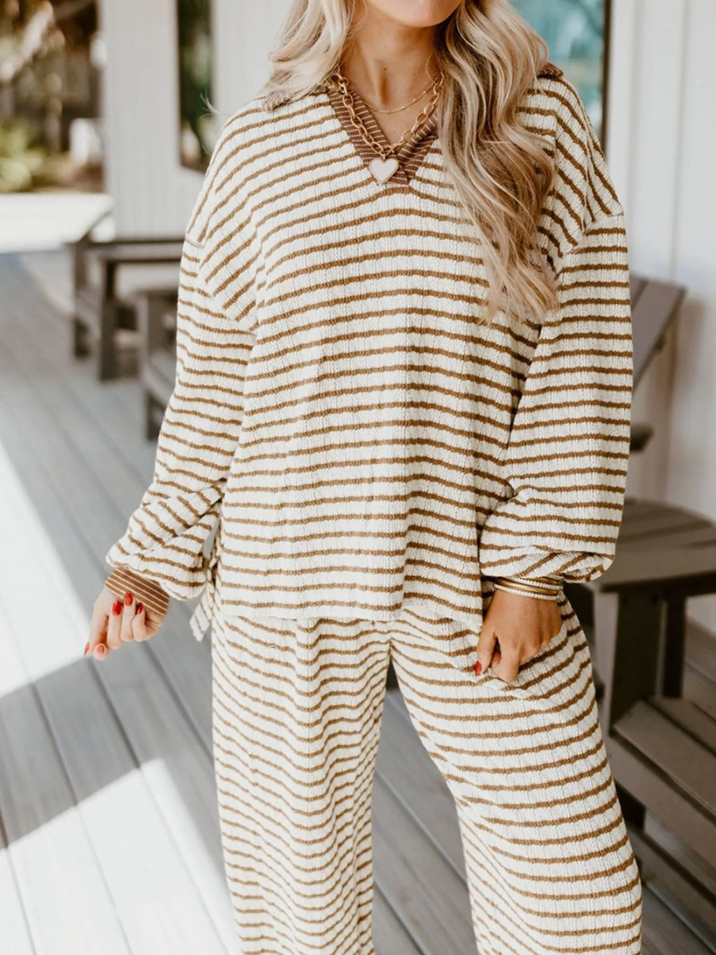 Stripe Collared Top and Drawstring Pant Set