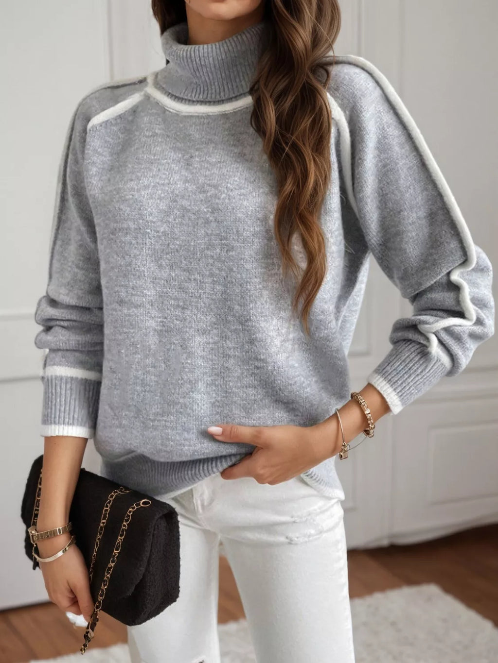 Full Size Turtleneck Contrast Trim Sweater Plus Size