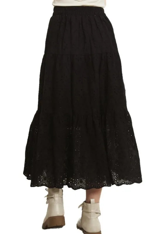 Elastic Waistband Tiered Midi Skirt