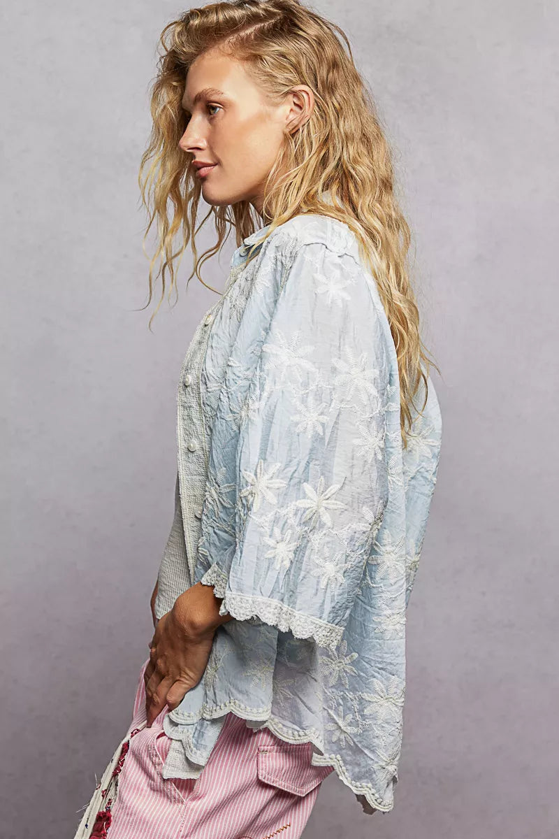 POL Embroidered Floral Collared Neck Shirt with Scalloped Edges