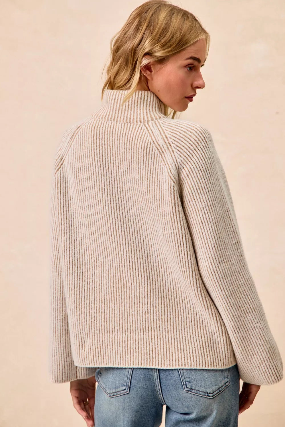 BiBi Two Tone Rib Texured Knit Collared Top with Zip Up