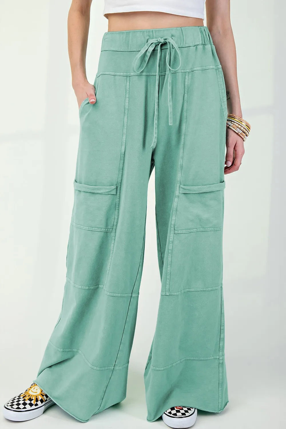 Mineral Wash Exposed Seam Drawstring High Waist Wide Leg Cargo Pants