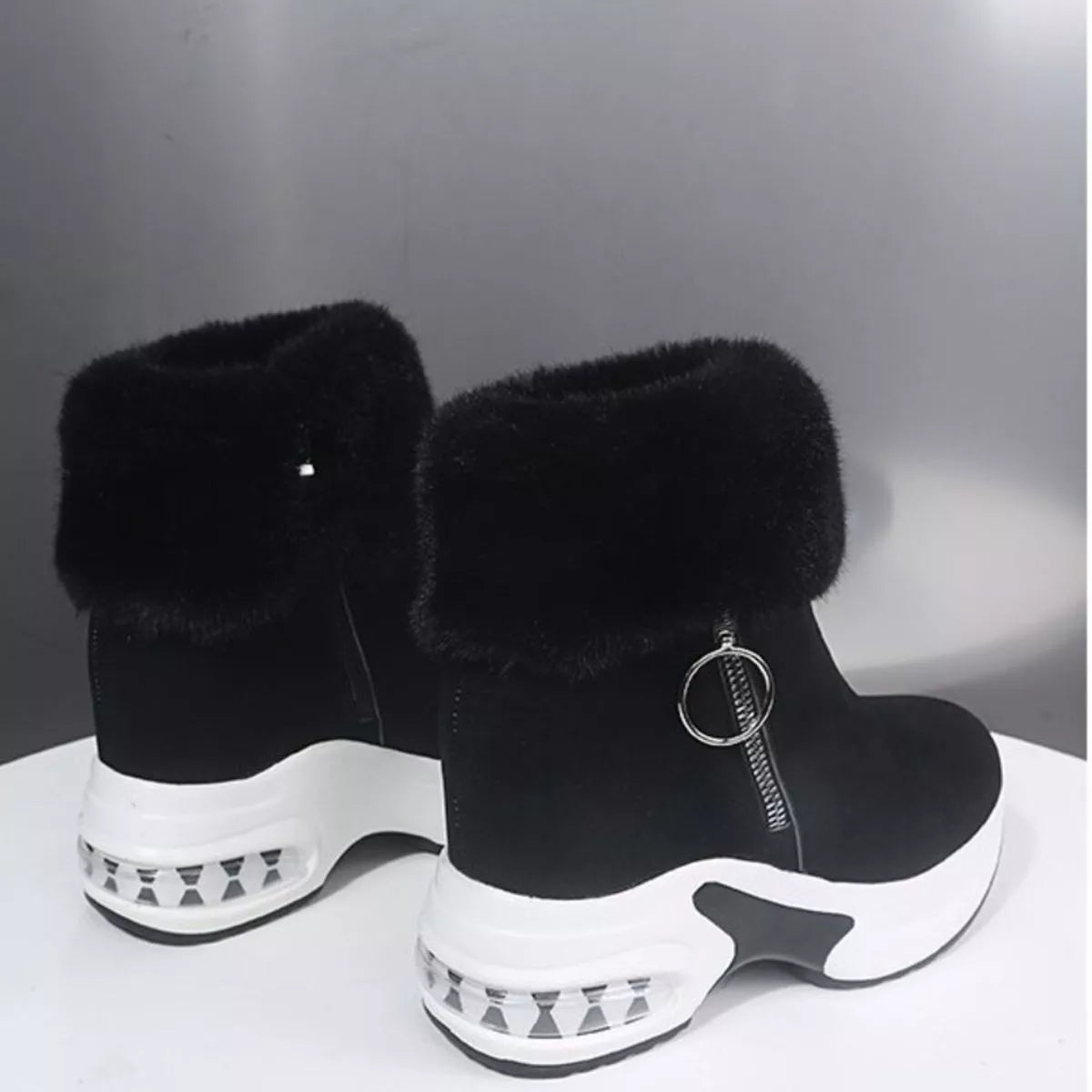 Fuzzy Side Zipper Platform Ankle Boots