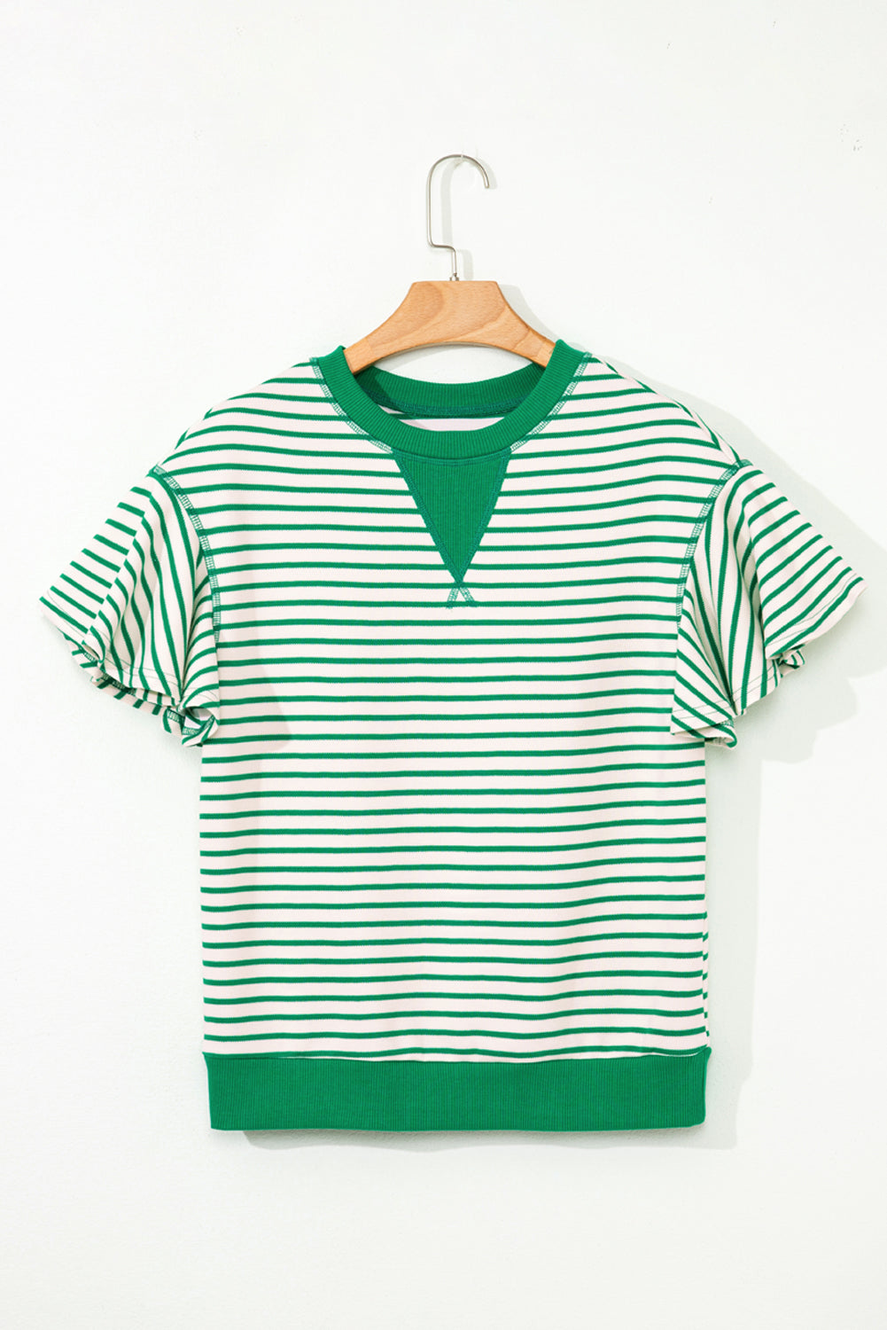 Parchment Striped Ruffle Sleeve Round Neck Top