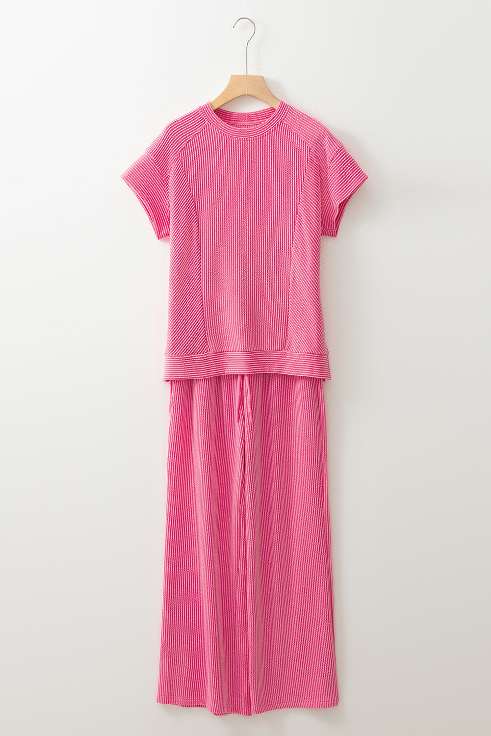 Blue Solid Corded Short Sleeve T Shirt and Wide Leg Pants Set
