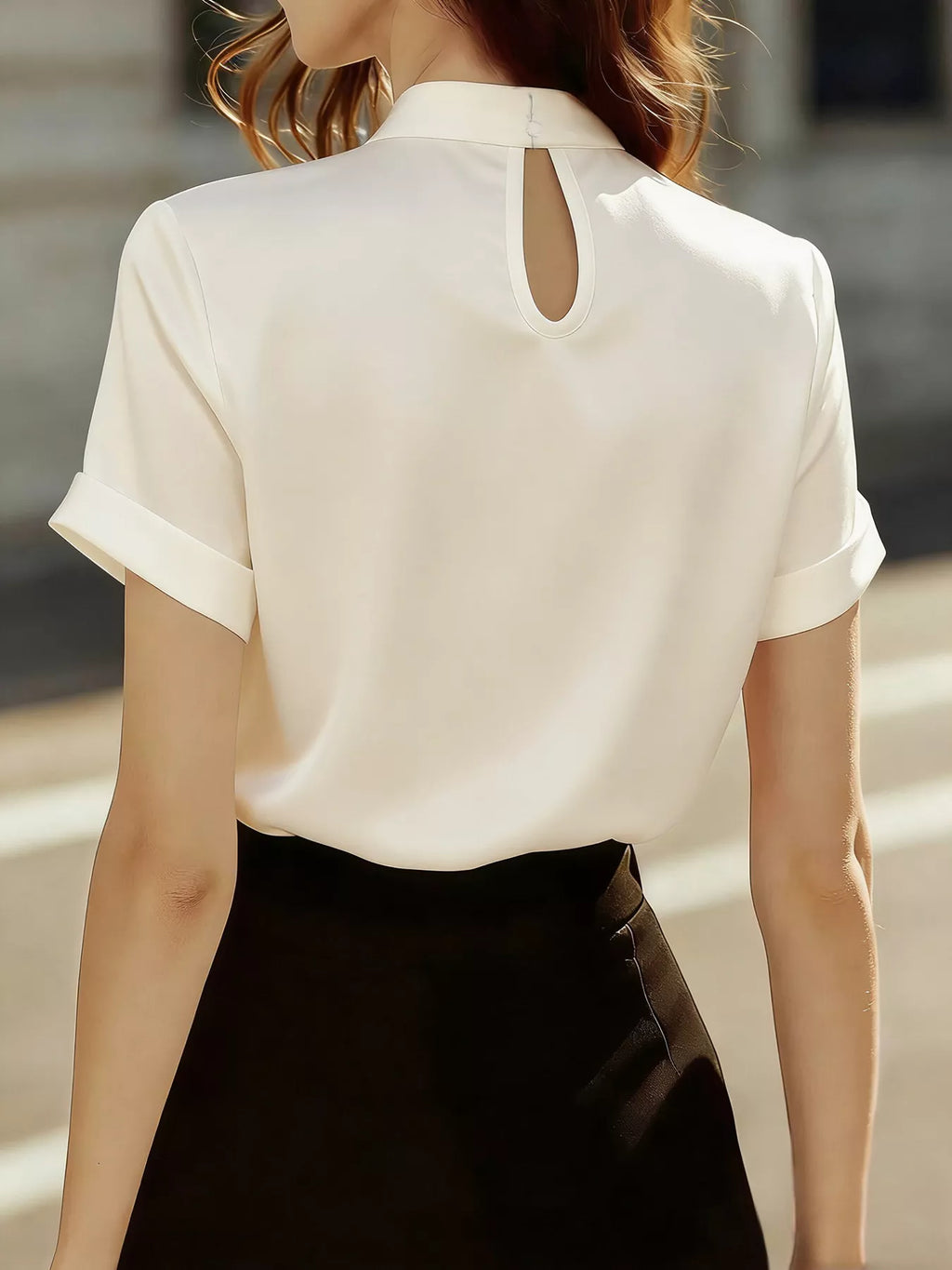 Keyhole Neck Satin Short Sleeve Blouse