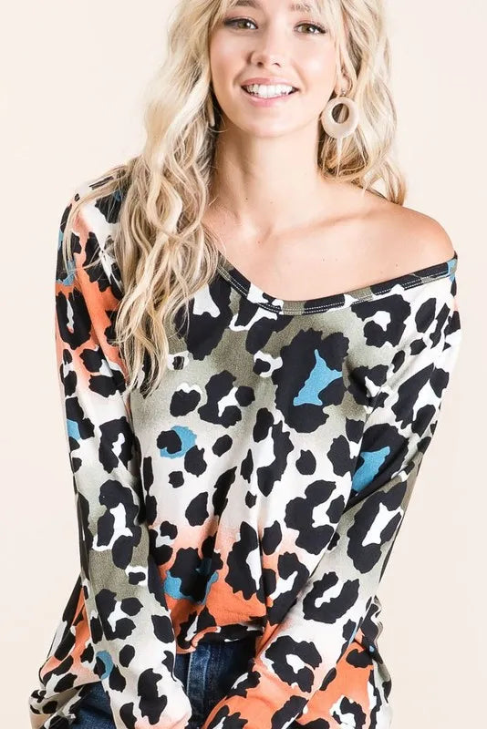 Gradation Leopard Print Soft Knit Deep U Neck Top