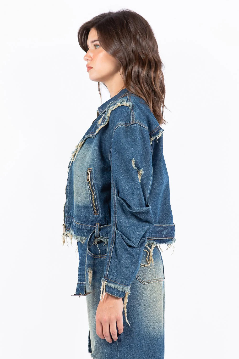 American Bazi Full Size Distressed Frayed Edge Zip Up Denim Jacket Plus Size