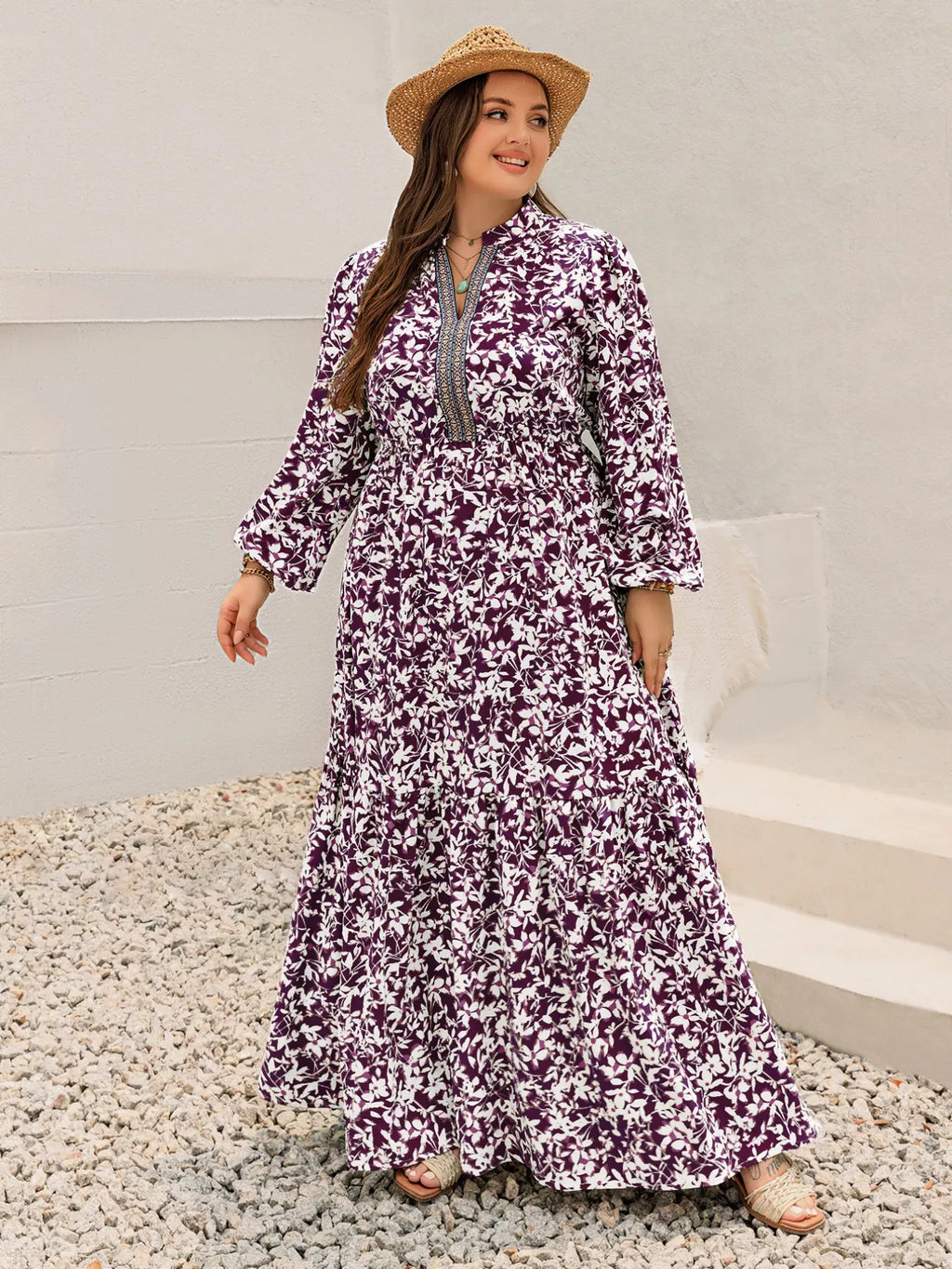 Plus Size Floral Print Maxi Dress with Long Sleeves