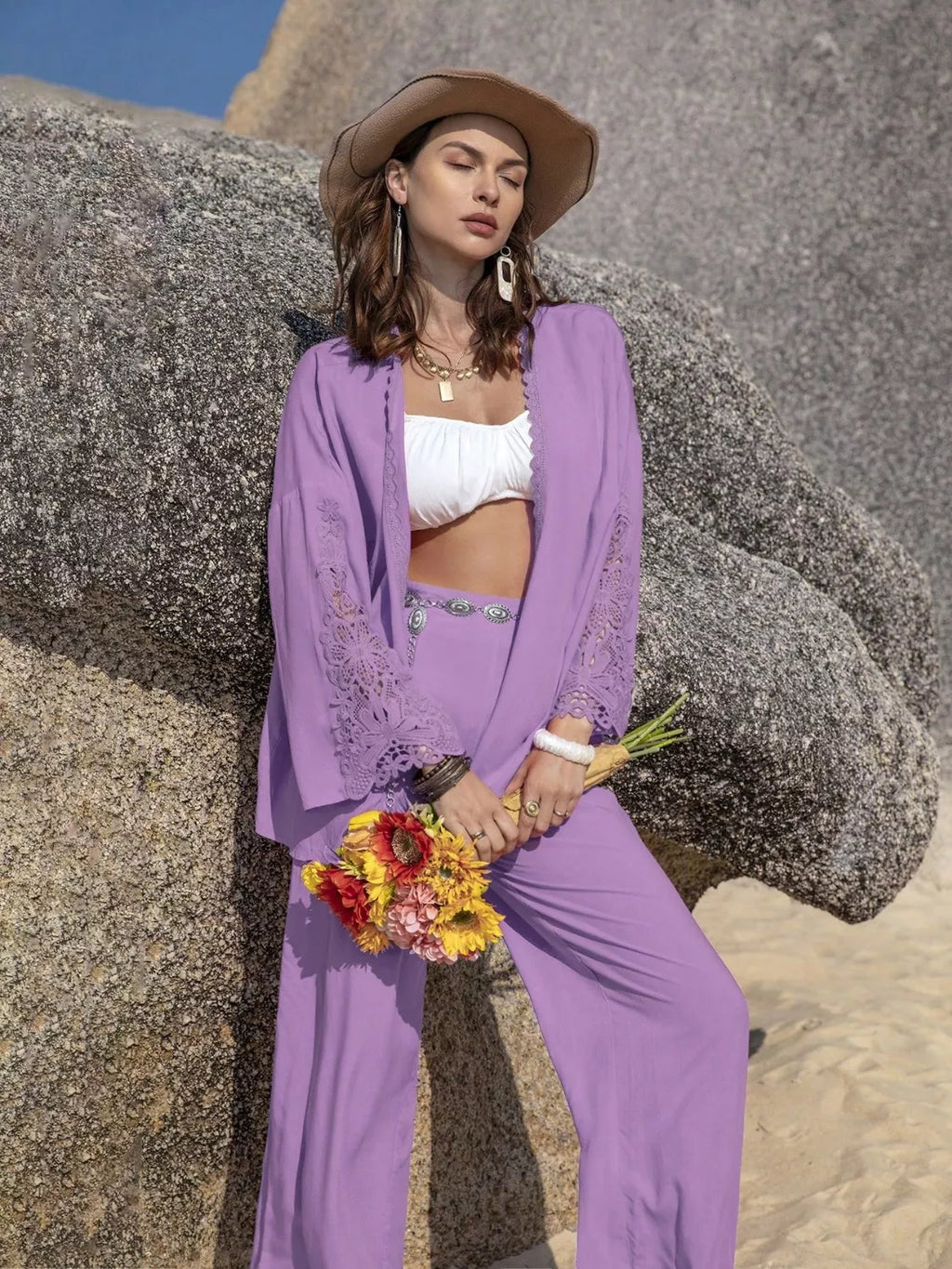 Lace Detail Open Front Cover Up and Pants Set