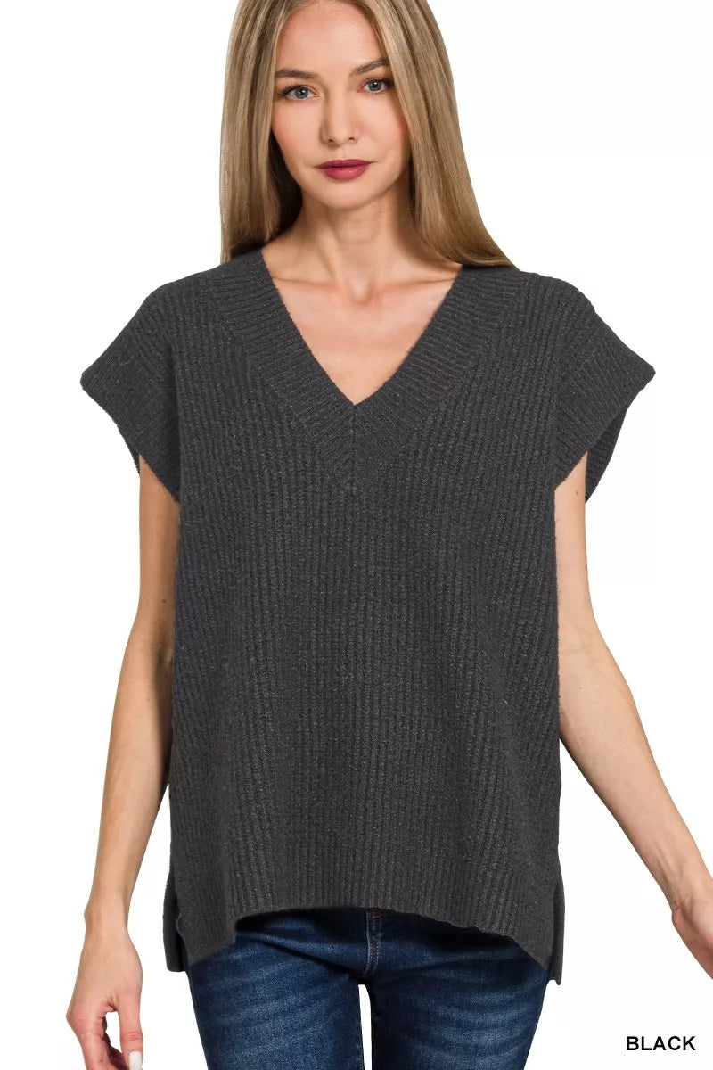 Zenana Ribbed Slit V-Neck Sweater Vest