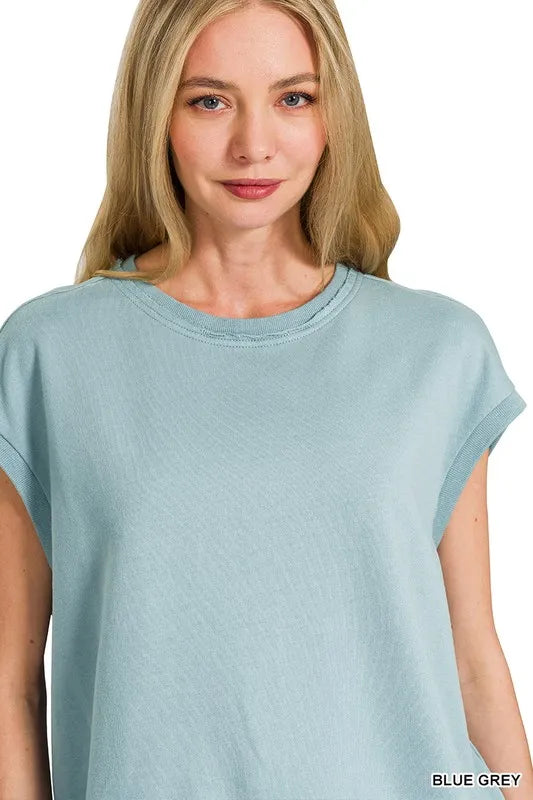 French Terry Round Neck Cap Sleeve T-Shirt