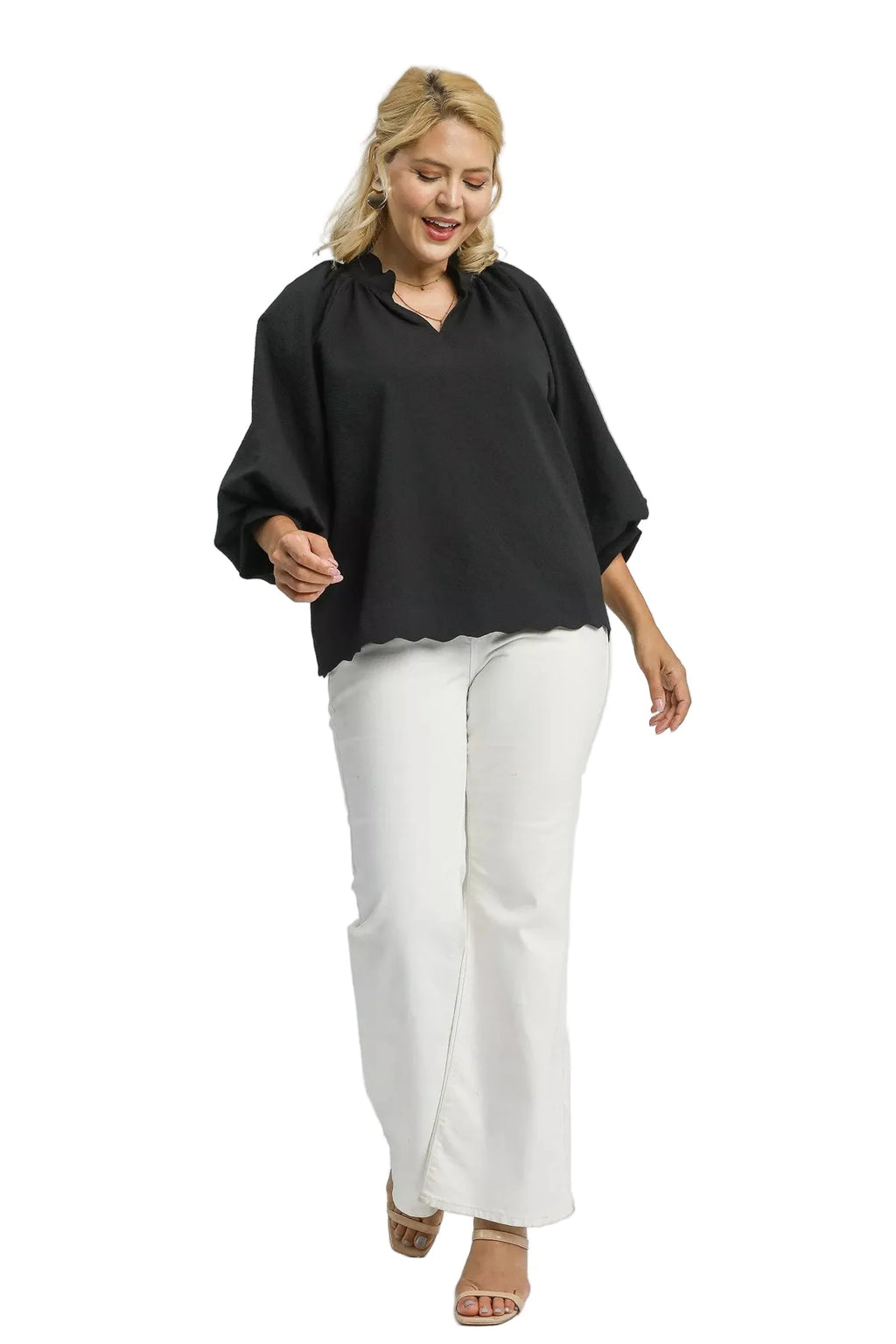Umgee Full Size Textured Notched Balloon Sleeve Blouse Plus Size