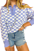 Purple Checkered Collared Buttons Plus Size Sweater