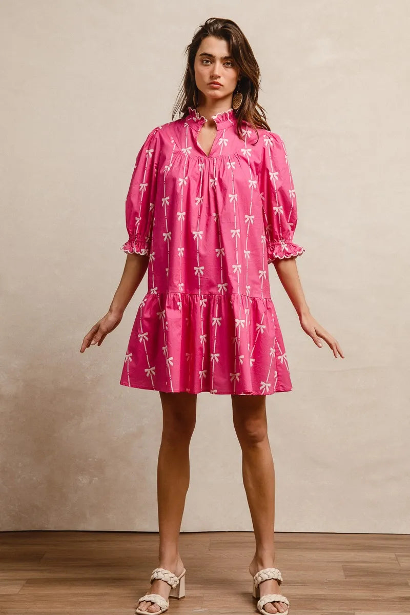 BiBi Ribbon Patterns With Scallops Edge Details Short Sleeve Dress