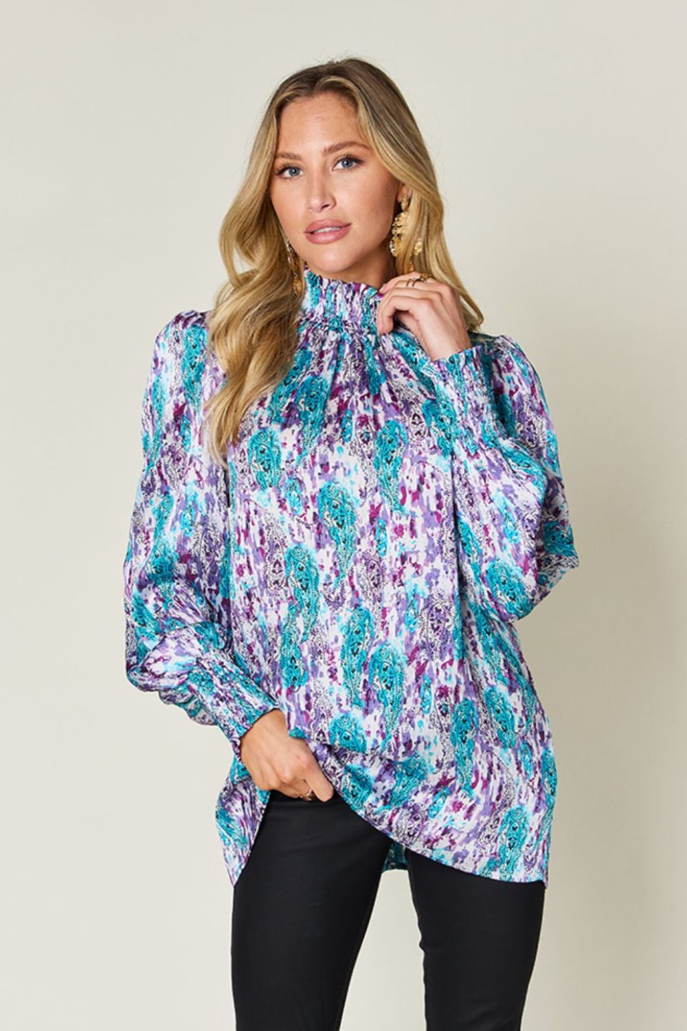 Semi-Sheer Smocked Top with Long Sleeves & Frills
