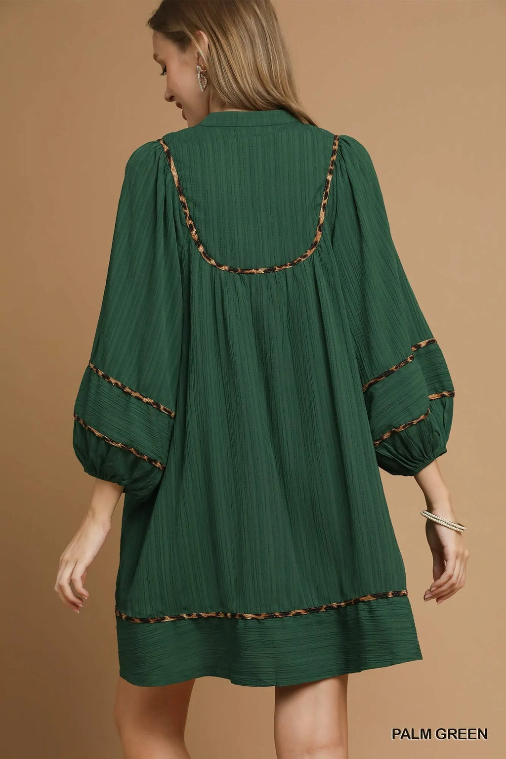 Textured Babydoll Dress with Leopard Trim