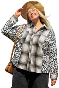 Black Plus Size Plaid Leopard Printed Patchwork Button Up Shacket
