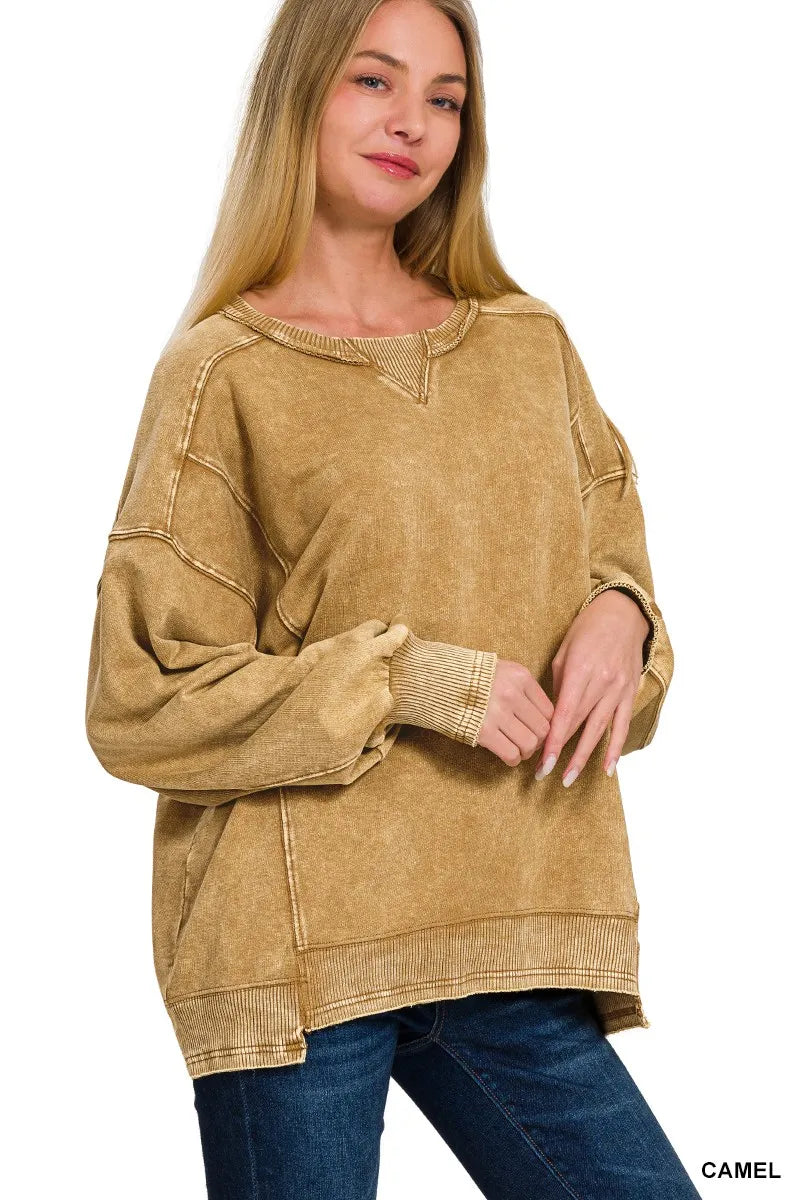 Zenana French Terry Acid Wash Pullover