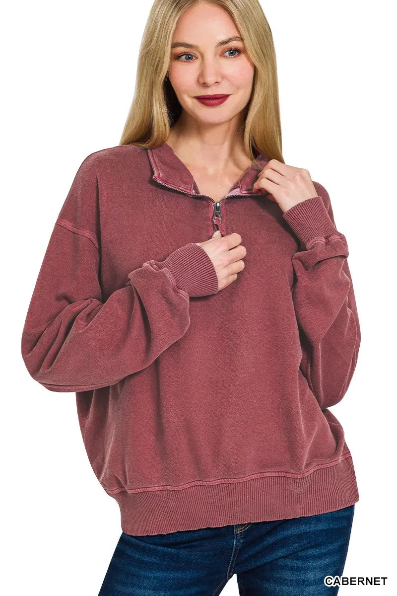Zenana F/terry Pigment Dye & Enzyme Washing Half Zip Top