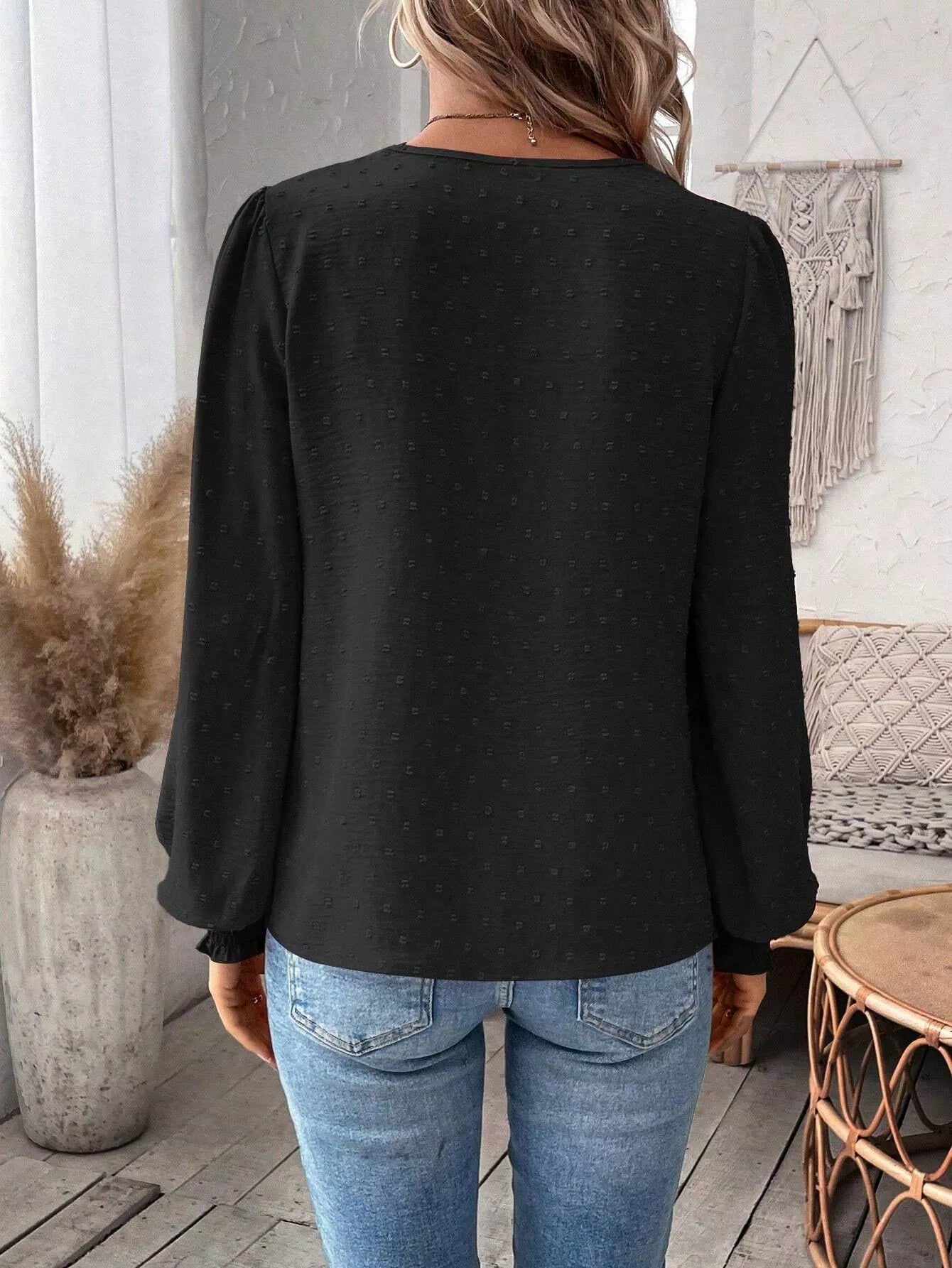 Swiss Dot Lace Detail Long Sleeve Blouse