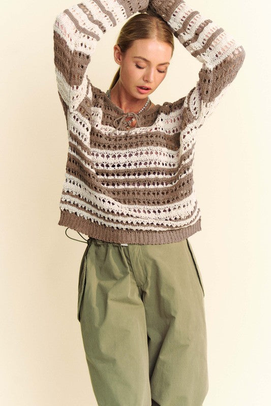 Back To School Sweater - Davi & Dani Contrast Striped Crochet Drop Shoulder Knit Cover Up