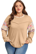 Khaki Exposed Seam Floral Mixed Patchwork Relaxed Plus Size Top