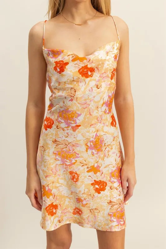 HYFVE Floral Cowl Neck Flirty Satin Mini Dress