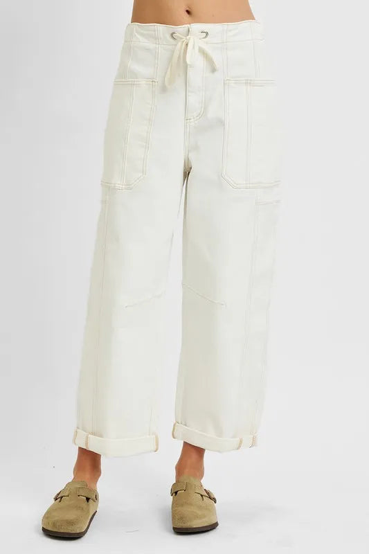 RISEN Full Size High Rise Crop Wide Barrel Cargo Pocket Jeans Plus Size