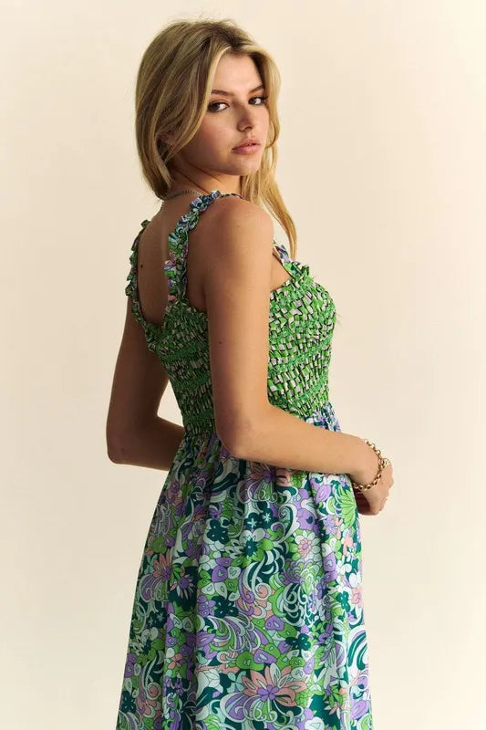 Davi & Dani Multi Smocked Bodice Geo Ruffle Strappy Midi Dress