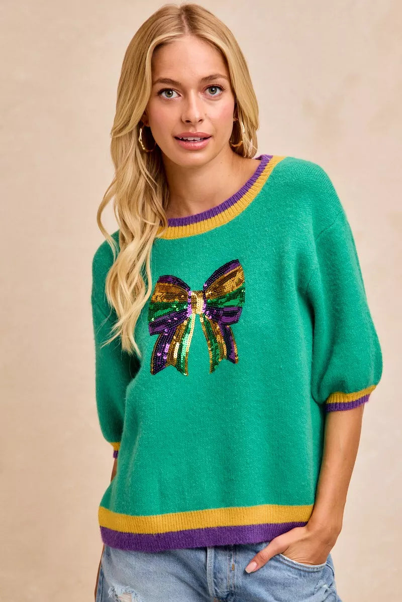 Mardi Gras Sequin Ribbon Patched Sweater