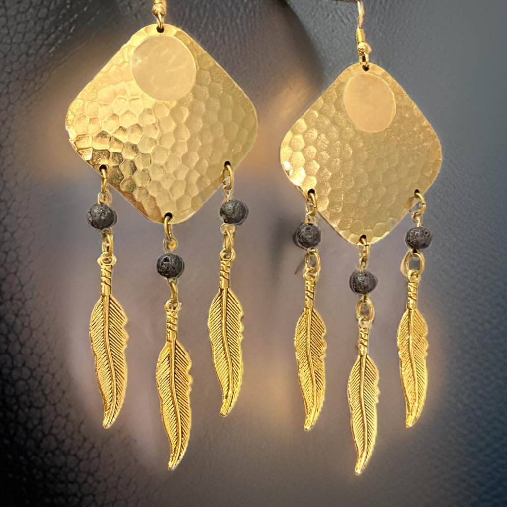 Bohemian Dream Catcher Earrings with Feathers and Black Lava Rocks by The Urban Charm