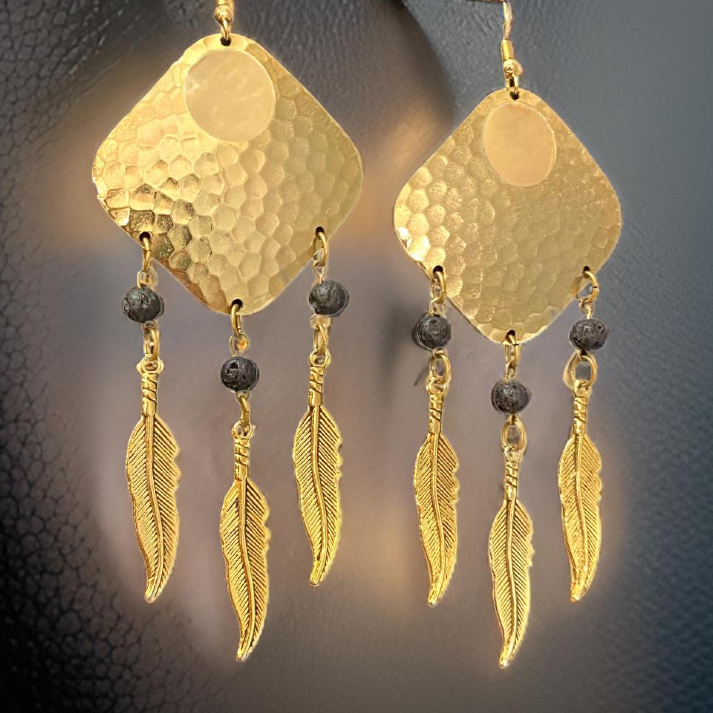 Bohemian Dream Catcher Earrings with Feathers and Black Lava Rocks by The Urban Charm
