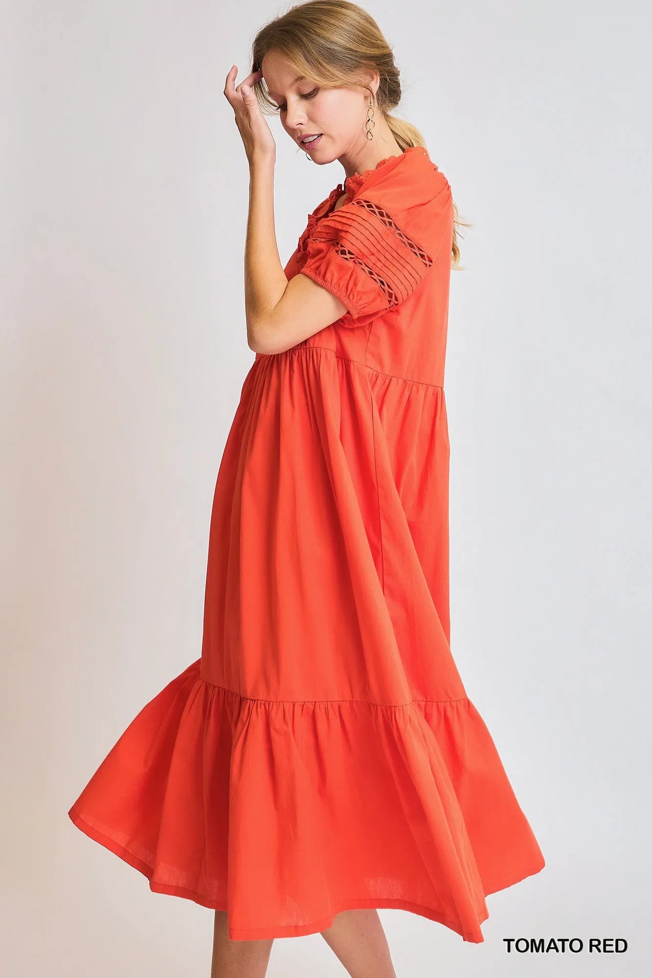 Umgee Short Sleeve Lace-Trim Ruffled Midi Dress