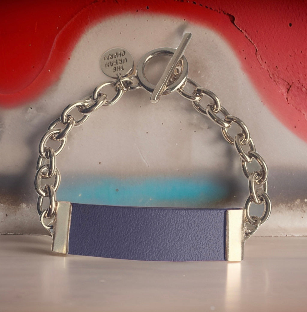 Navy Leather and Chain ID Toggle Bracelet