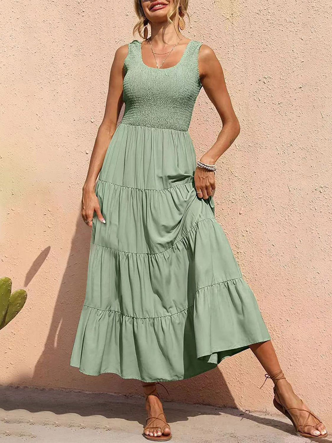 Smocked Tiered Midi Dress with Wide Straps