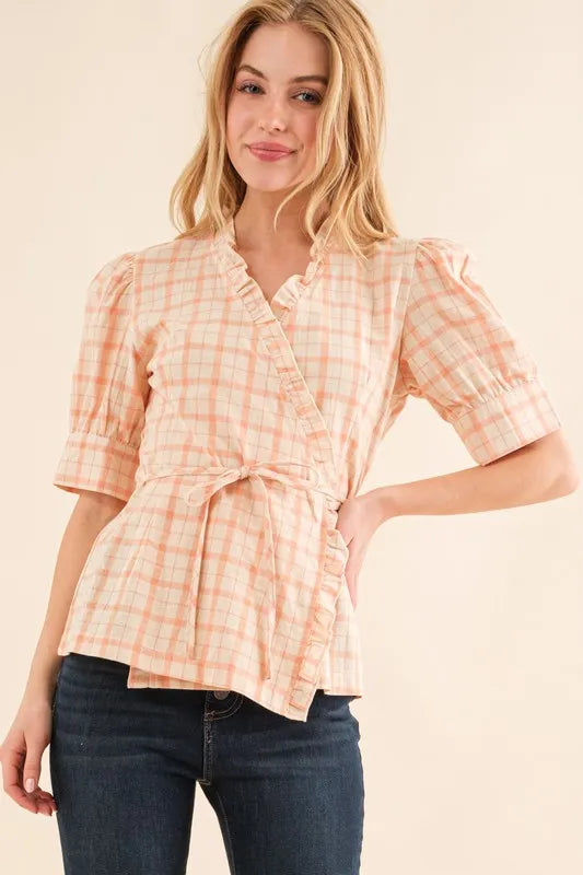 Plaid Patterned and Ruffled Wrap Blouse Top