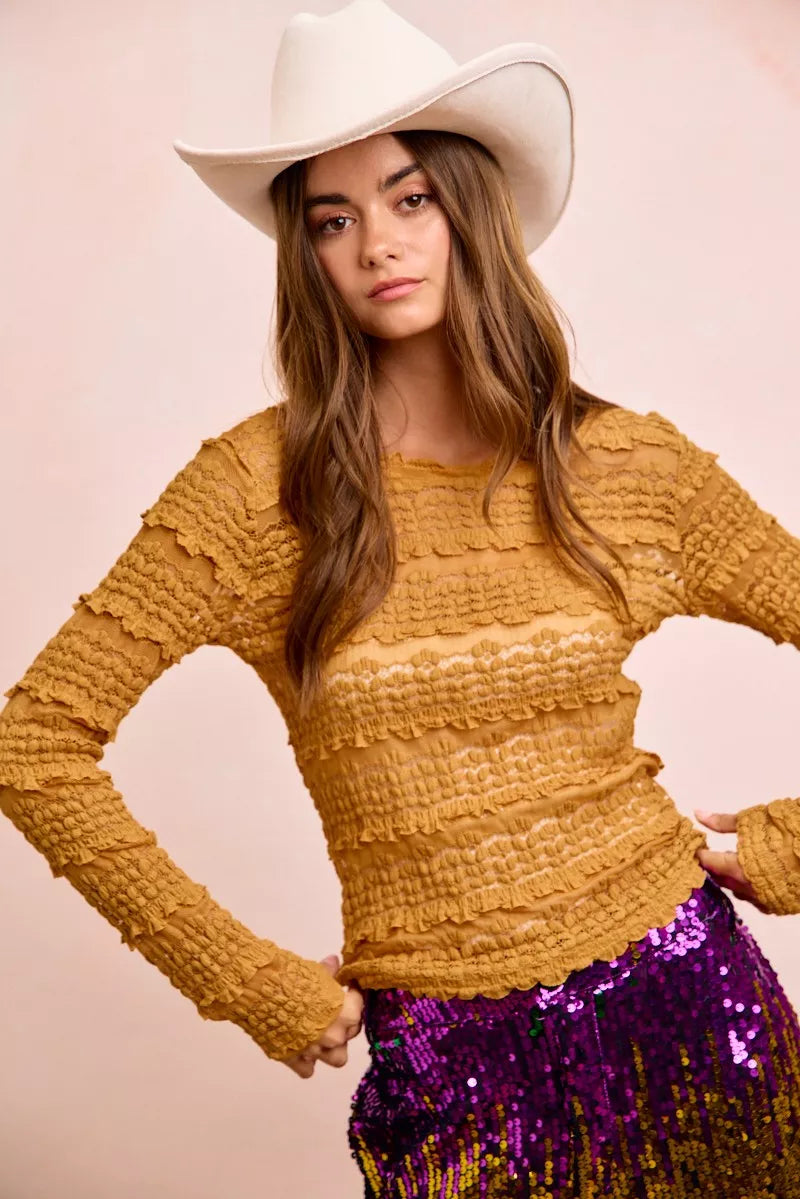 BiBi Ruffles Detail Mardi Gras Color Flower Lace Top