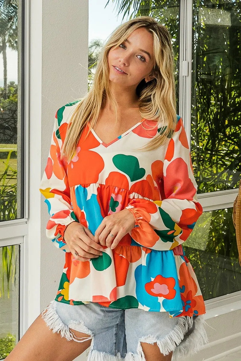 Floral Woven Tiered V Neck Top