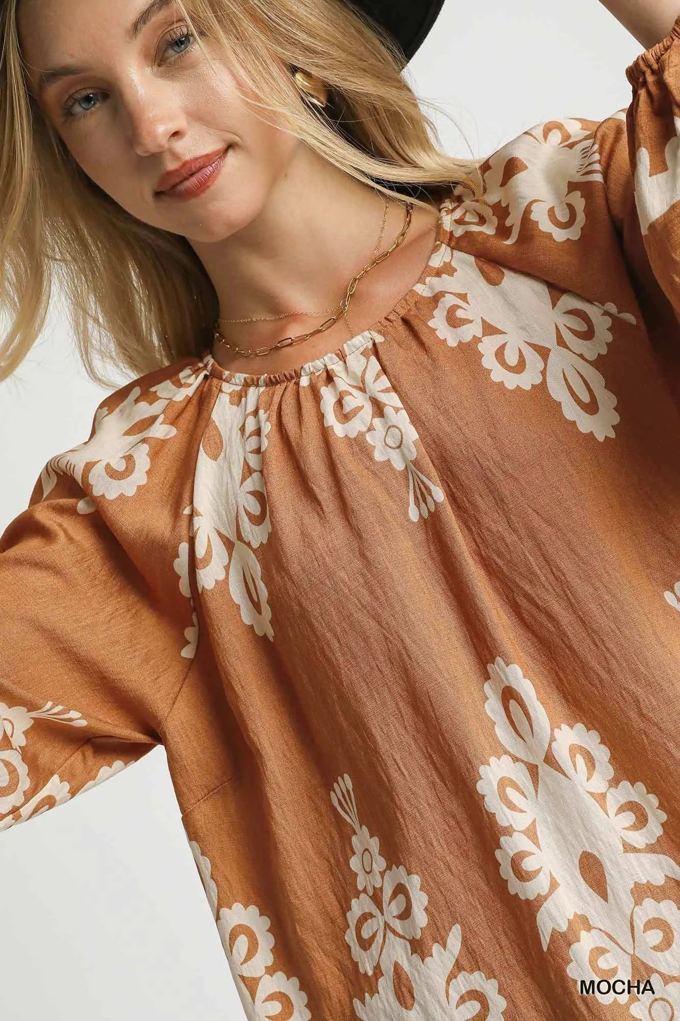 Full Size Two Tone Border Print Top with Balloon Sleeves Plus Size