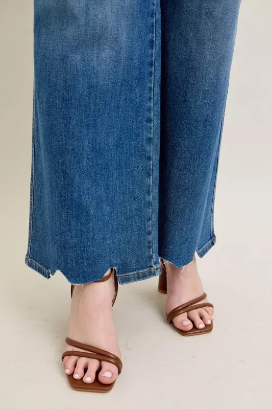 Full Size High Waist Tummy Control Chew Hem Destroy Wide Jeans Plus Size