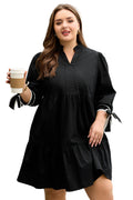 Black Contrast Trim Knot Cuffs Plus Size V Neck Mini Dress