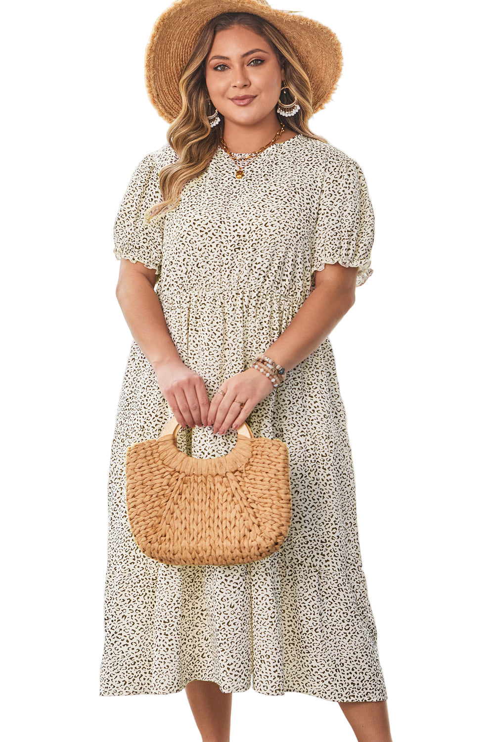 Beige Plus Size Leopard Print Frill Trim Short Sleeve Flared Dress