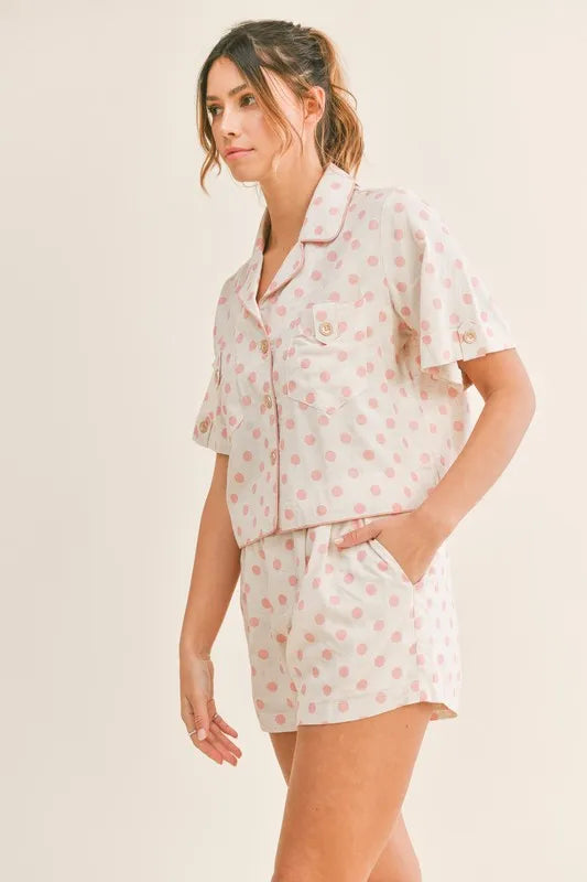 MABLE Polka Dot Collar Crop Top and Short Lounge Set