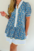 Blue Plus Size Floral Print Striped Patchwork Detail Button Front Ruffle Hem Dress