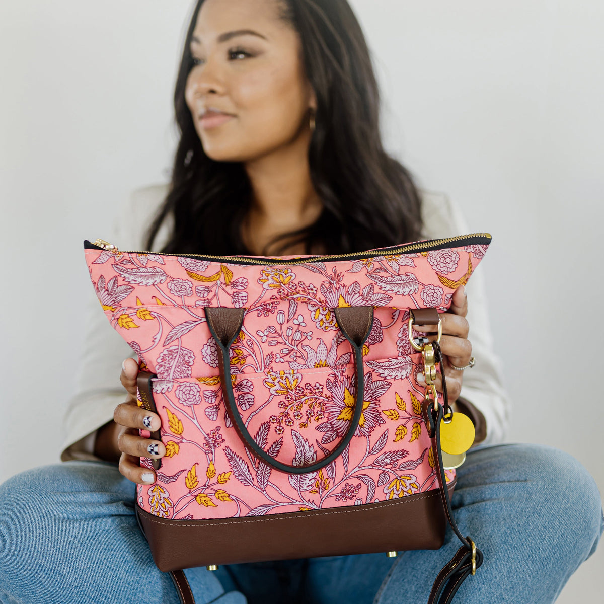 Otto | Rose Bandana Printed Nylon + Brown Leather Satchel