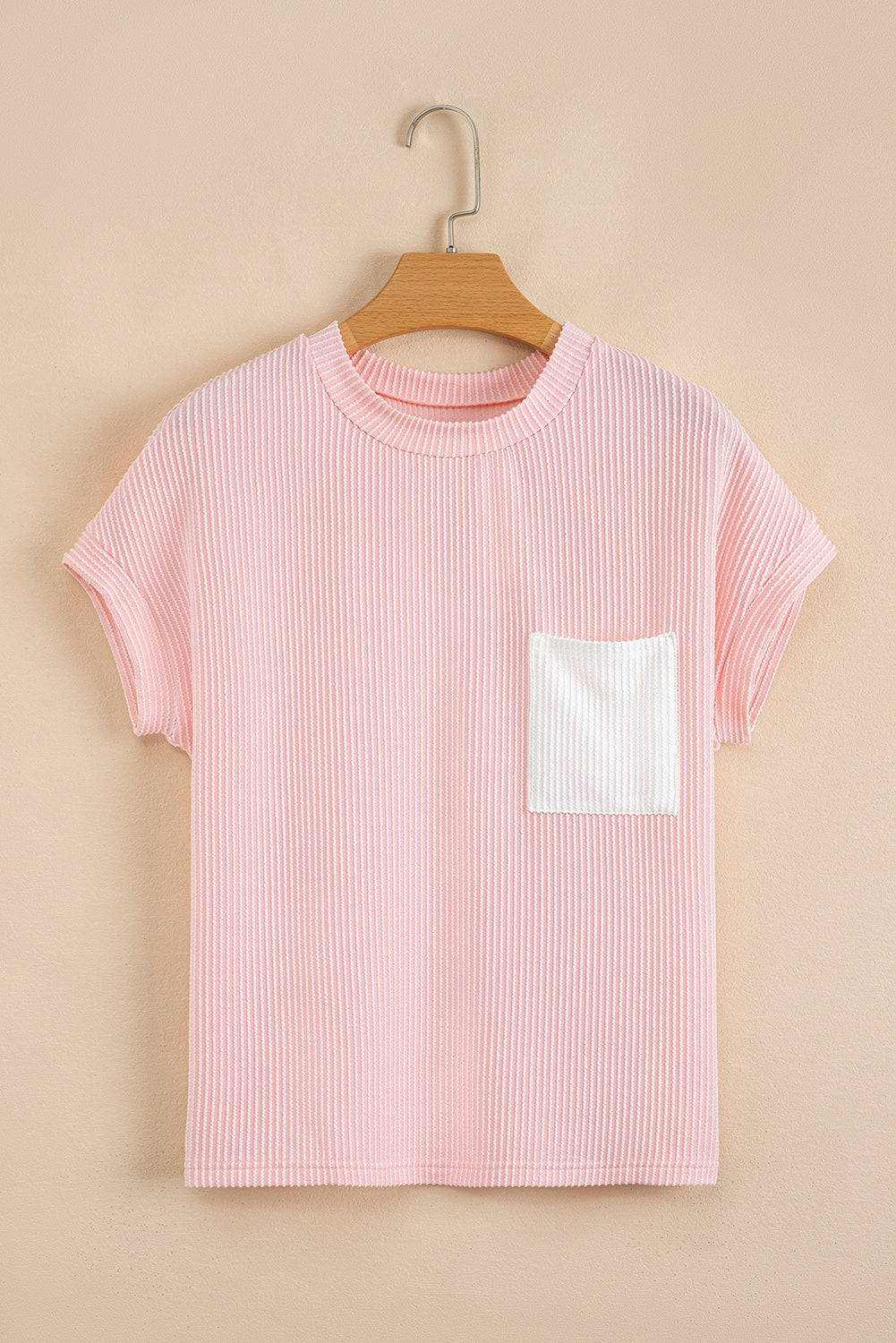 Light Blue Corded Colorblock Pocket Crew Neck T Shirt