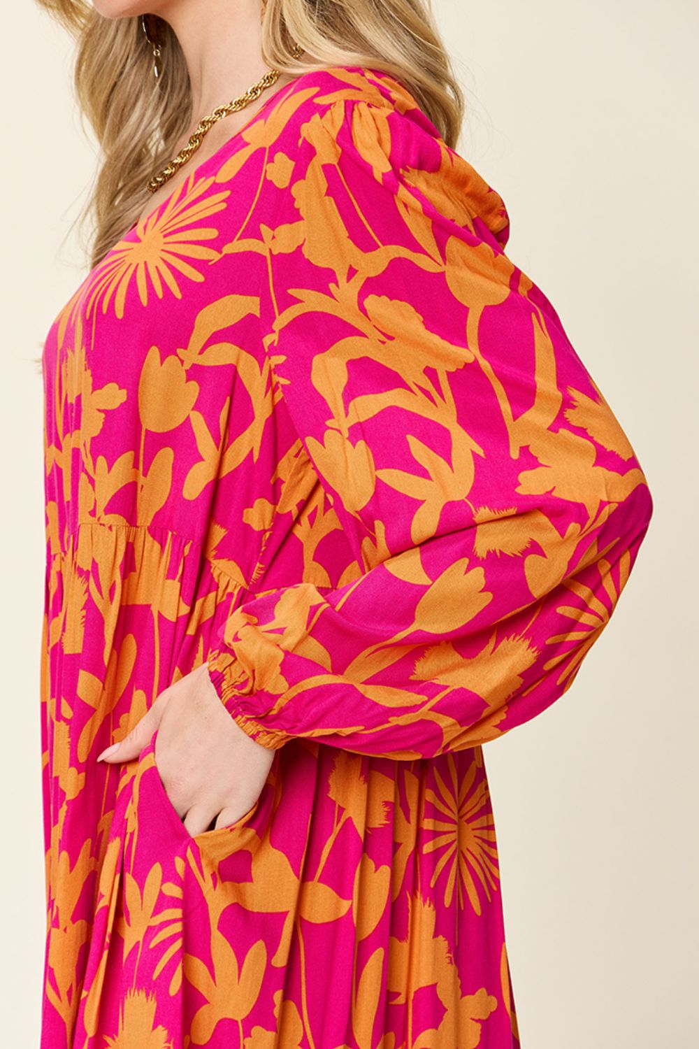 Printed Ruffle Hem Long Sleeve Rayon Dress