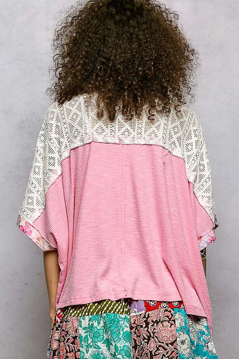 POL Floral Patchwork Lace Accent Blouse