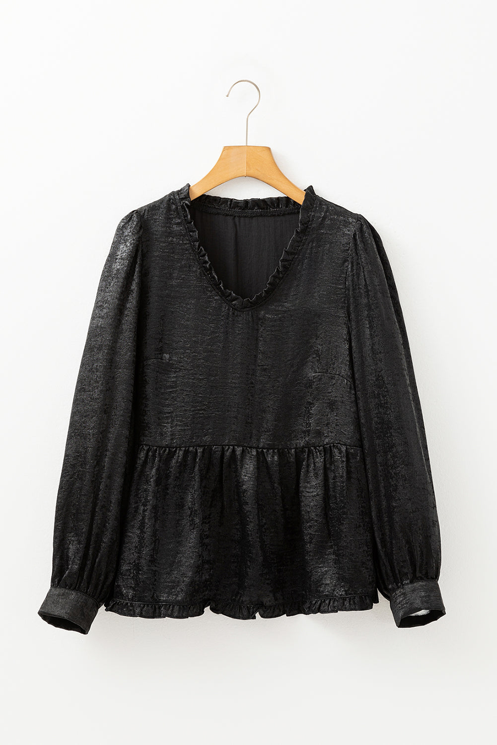 Gold Metallic Velvet Frill V Neck Puff Sleeve Babydoll Blouse